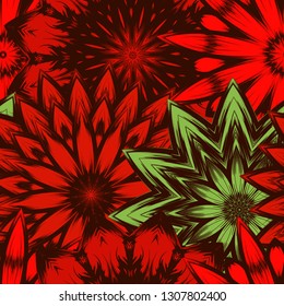 Seamless floral background. Tracery handmade nature ethnic fabric backdrop pattern with flowers. Textile design texture. Decorative color art. Vector