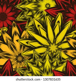 Seamless floral background. Tracery handmade nature ethnic fabric backdrop pattern with flowers. Textile design texture. Decorative color art. Vector