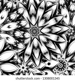 Seamless floral background. Tracery handmade nature ethnic fabric backdrop pattern with saturated dark flowers. Textile design texture. Decorative binary monochrome black and white art. Vector
