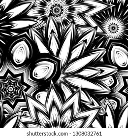 Seamless floral background. Tracery handmade nature ethnic fabric backdrop pattern with saturated dark flowers. Textile design texture. Decorative binary monochrome black and white art. Vector