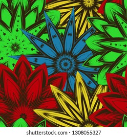 Seamless floral background. Tracery handmade nature ethnic fabric backdrop pattern with flowers. Textile design texture. Decorative color art. Vector