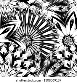 Seamless floral background. Tracery handmade nature ethnic fabric backdrop pattern with saturated dark flowers. Textile design texture. Decorative binary monochrome black and white art. Vector