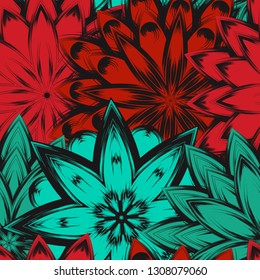 Seamless floral background. Tracery handmade nature ethnic fabric backdrop pattern with flowers. Textile design texture. Decorative color art. Vector