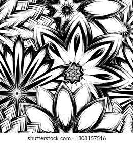 Seamless floral background. Tracery handmade nature ethnic fabric backdrop pattern with saturated dark flowers. Textile design texture. Decorative binary monochrome black and white art. Vector