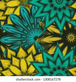 Seamless floral background. Tracery handmade nature ethnic fabric backdrop pattern with flowers. Textile design texture. Decorative color art. Vector