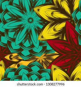 Seamless floral background. Tracery handmade nature ethnic fabric backdrop pattern with flowers. Textile design texture. Decorative color art. Vector