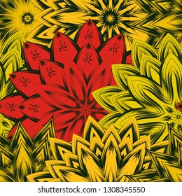 Seamless floral background. Tracery handmade nature ethnic fabric backdrop pattern with flowers. Textile design texture. Decorative color art. Vector