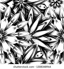 Seamless floral background. Tracery handmade nature ethnic fabric backdrop pattern with saturated dark flowers. Textile design texture. Decorative binary monochrome black and white art. Vector