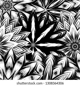 Seamless floral background. Tracery handmade nature ethnic fabric backdrop pattern with saturated dark flowers. Textile design texture. Decorative binary monochrome black and white art. Vector
