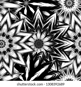 Seamless floral background. Tracery handmade nature ethnic fabric backdrop pattern with saturated dark flowers. Textile design texture. Decorative binary monochrome black and white art. Vector