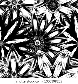Seamless floral background. Tracery handmade nature ethnic fabric backdrop pattern with saturated dark flowers. Textile design texture. Decorative binary monochrome black and white art. Vector