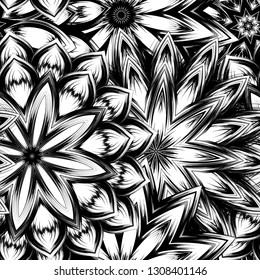 Seamless floral background. Tracery handmade nature ethnic fabric backdrop pattern with saturated dark flowers. Textile design texture. Decorative binary monochrome black and white art. Vector