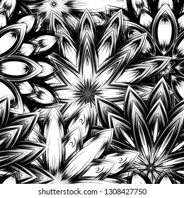 Seamless floral background. Tracery handmade nature ethnic fabric backdrop pattern with saturated dark flowers. Textile design texture. Decorative binary monochrome black and white art. Vector