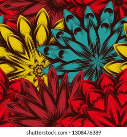 Seamless floral background. Tracery handmade nature ethnic fabric backdrop pattern with flowers. Textile design texture. Decorative color art. Vector