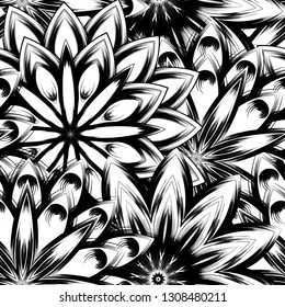 Seamless floral background. Tracery handmade nature ethnic fabric backdrop pattern with saturated dark flowers. Textile design texture. Decorative binary monochrome black and white art. Vector