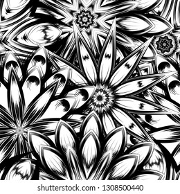 Seamless floral background. Tracery handmade nature ethnic fabric backdrop pattern with saturated dark flowers. Textile design texture. Decorative binary monochrome black and white art. Vector