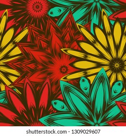 Seamless floral background. Tracery handmade nature ethnic fabric backdrop pattern with flowers. Textile design texture. Decorative color art. Vector
