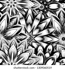 Seamless floral background. Tracery handmade nature ethnic fabric backdrop pattern with saturated dark flowers. Textile design texture. Decorative binary monochrome black and white art. Vector