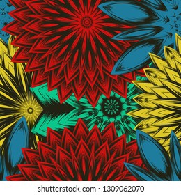 Seamless floral background. Tracery handmade nature ethnic fabric backdrop pattern with flowers. Textile design texture. Decorative color art. Vector
