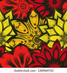 Seamless floral background. Tracery handmade nature ethnic fabric backdrop pattern with flowers. Textile design texture. Decorative color art. Vector