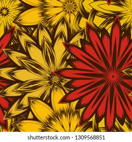 Seamless floral background. Tracery handmade nature ethnic fabric backdrop pattern with flowers. Textile design texture. Decorative color art. Vector