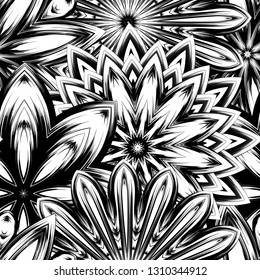 Seamless floral background. Tracery handmade nature ethnic fabric backdrop pattern with saturated dark flowers. Textile design texture. Decorative binary monochrome black and white art. Vector