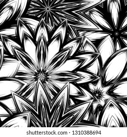 Seamless floral background. Tracery handmade nature ethnic fabric backdrop pattern with saturated dark flowers. Textile design texture. Decorative binary monochrome black and white art. Vector