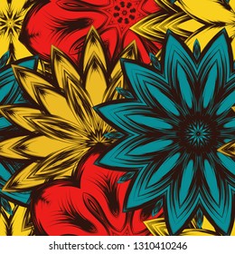 Seamless floral background. Tracery handmade nature ethnic fabric backdrop pattern with flowers. Textile design texture. Decorative color art. Vector