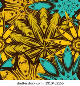 Seamless floral background. Tracery handmade nature ethnic fabric backdrop pattern with flowers. Textile design texture. Decorative color art. Vector