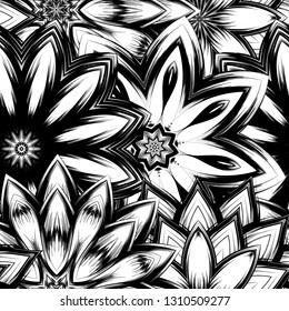 Seamless floral background. Tracery handmade nature ethnic fabric backdrop pattern with saturated dark flowers. Textile design texture. Decorative binary monochrome black and white art. Vector