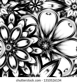 Seamless floral background. Tracery handmade nature ethnic fabric backdrop pattern with saturated dark flowers. Textile design texture. Decorative binary monochrome black and white art. Vector