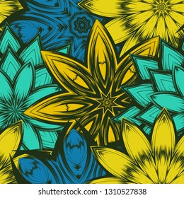 Seamless floral background. Tracery handmade nature ethnic fabric backdrop pattern with flowers. Textile design texture. Decorative color art. Vector