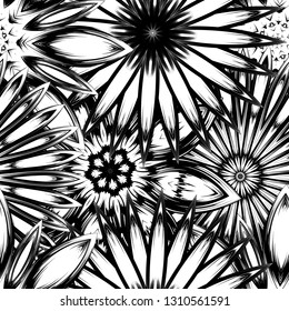 Seamless floral background. Tracery handmade nature ethnic fabric backdrop pattern with saturated dark flowers. Textile design texture. Decorative binary monochrome black and white art. Vector