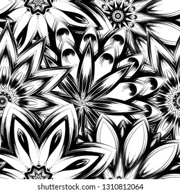 Seamless floral background. Tracery handmade nature ethnic fabric backdrop pattern with saturated dark flowers. Textile design texture. Decorative binary monochrome black and white art. Vector