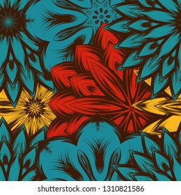 Seamless floral background. Tracery handmade nature ethnic fabric backdrop pattern with flowers. Textile design texture. Decorative color art. Vector