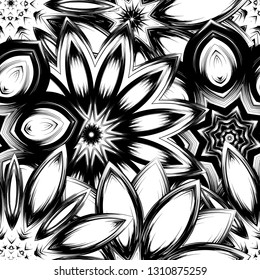 Seamless floral background. Tracery handmade nature ethnic fabric backdrop pattern with saturated dark flowers. Textile design texture. Decorative binary monochrome black and white art. Vector
