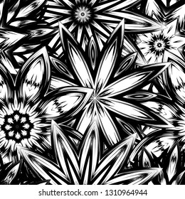 Seamless floral background. Tracery handmade nature ethnic fabric backdrop pattern with saturated dark flowers. Textile design texture. Decorative binary monochrome black and white art. Vector