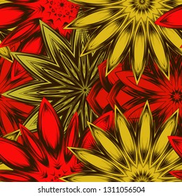 Seamless floral background. Tracery handmade nature ethnic fabric backdrop pattern with flowers. Textile design texture. Decorative color art. Vector