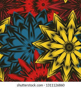 Seamless floral background. Tracery handmade nature ethnic fabric backdrop pattern with flowers. Textile design texture. Decorative color art. Vector