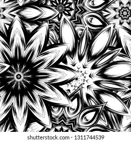 Seamless floral background. Tracery handmade nature ethnic fabric backdrop pattern with saturated dark flowers. Textile design texture. Decorative binary monochrome black and white art. Vector