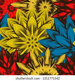 Seamless floral background. Tracery handmade nature ethnic fabric backdrop pattern with flowers. Textile design texture. Decorative color art. Vector