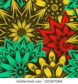 Seamless floral background. Tracery handmade nature ethnic fabric backdrop pattern with flowers. Textile design texture. Decorative color art. Vector
