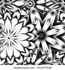 Seamless floral background. Tracery handmade nature ethnic fabric backdrop pattern with saturated dark flowers. Textile design texture. Decorative binary monochrome black and white art. Vector