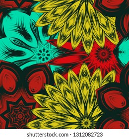 Seamless floral background. Tracery handmade nature ethnic fabric backdrop pattern with flowers. Textile design texture. Decorative color art. Vector