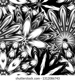 Seamless floral background. Tracery handmade nature ethnic fabric backdrop pattern with saturated dark flowers. Textile design texture. Decorative binary monochrome black and white art. Vector