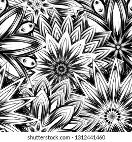 Seamless floral background. Tracery handmade nature ethnic fabric backdrop pattern with saturated dark flowers. Textile design texture. Decorative binary monochrome black and white art. Vector