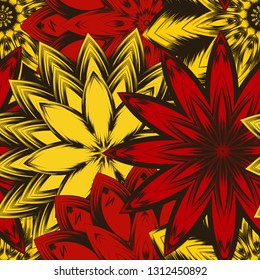 Seamless floral background. Tracery handmade nature ethnic fabric backdrop pattern with flowers. Textile design texture. Decorative color art. Vector