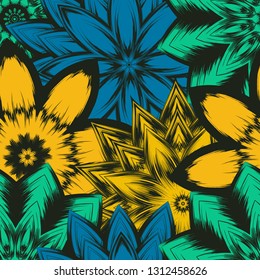 Seamless floral background. Tracery handmade nature ethnic fabric backdrop pattern with flowers. Textile design texture. Decorative color art. Vector