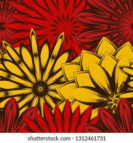 Seamless floral background. Tracery handmade nature ethnic fabric backdrop pattern with flowers. Textile design texture. Decorative color art. Vector