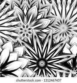 Seamless floral background. Tracery handmade nature ethnic fabric backdrop pattern with saturated dark flowers. Textile design texture. Decorative binary monochrome black and white art. Vector
